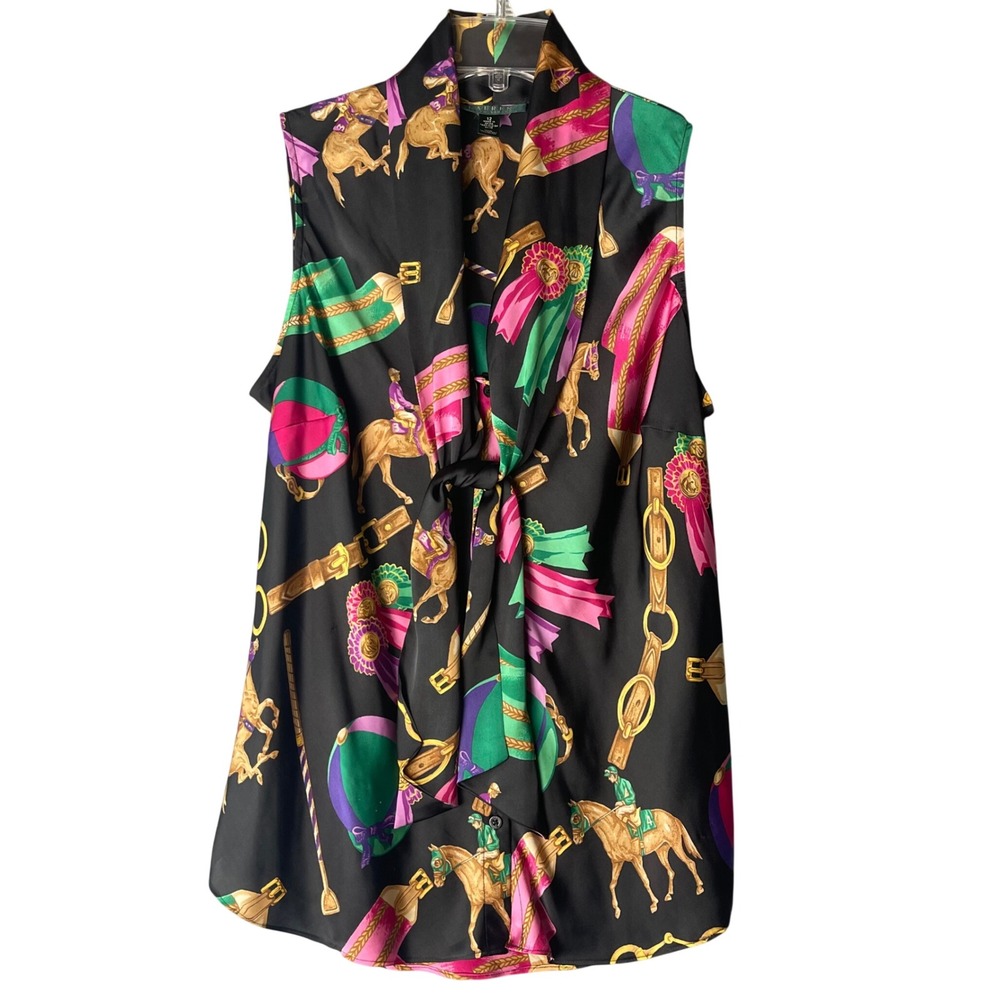 Lauren Ralph Lauren Womens Black Equestrian Scarf Print Tie Neck Blouse Size 12